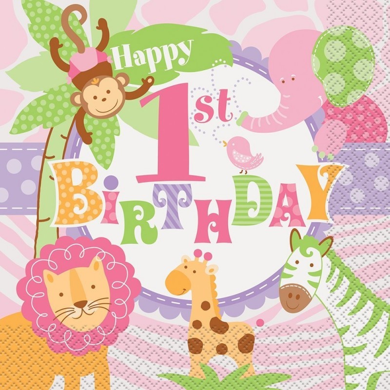 Girls Safari 1st Birthday Large Napkins (Pack of 20) | Discontinued Party Supplies