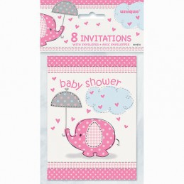 Pink Baby Elephant Baby Shower Party Invitations (Pack of 8) | Pink Baby Elephant Party Supplies