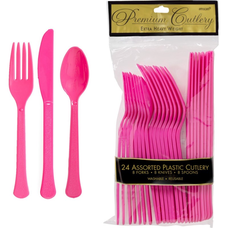 Hot Pink Plastic Cutlery (Pack of 24) | Pink