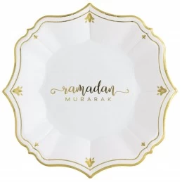 Ramadan Mubarak White Dessert Paper Plates (Pack of 8) | Ramadan/Eid Party Supplies