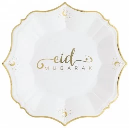 Eid Mubarak White Dessert Paper Plates (Pack of 8) | Ramadan/Eid Party Supplies