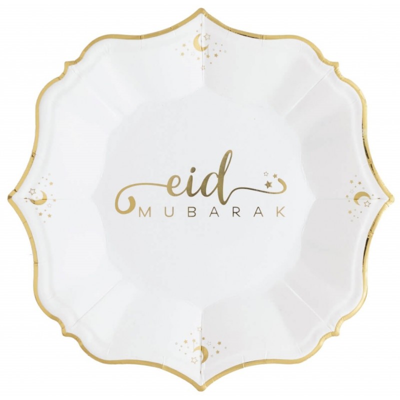Eid Mubarak White Dessert Paper Plates (Pack of 8) | Ramadan/Eid Party Supplies