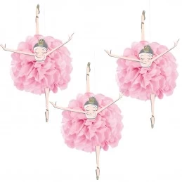 Pink & Gold Ballerina Hanging Pom Pom Decorations (Set of 3) | Pink & Gold First Birthday Party Supplies