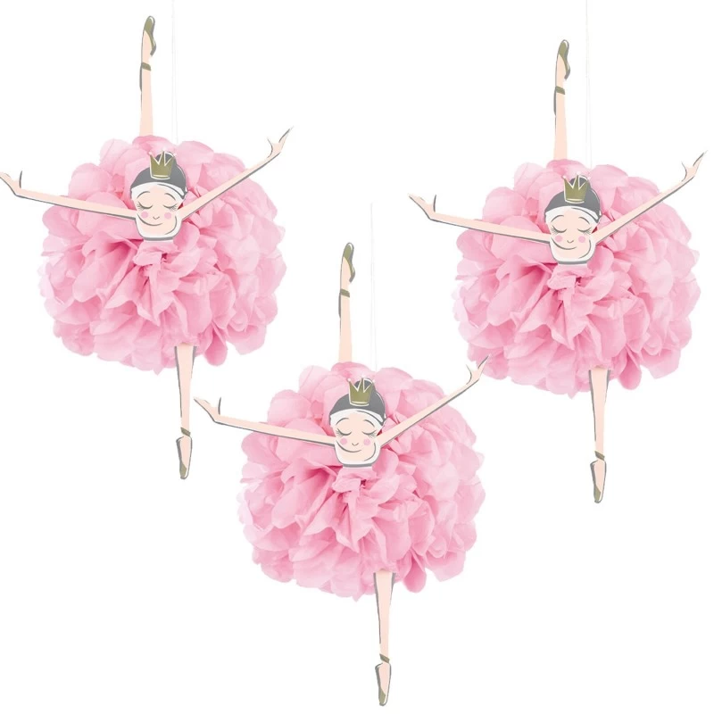 Pink & Gold Ballerina Hanging Pom Pom Decorations (Set of 3) | Pink & Gold First Birthday Party Supplies