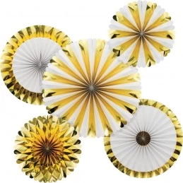 Gold and White Foil Paper Fan Decorations (Set of 5) | Gold Party Supplies