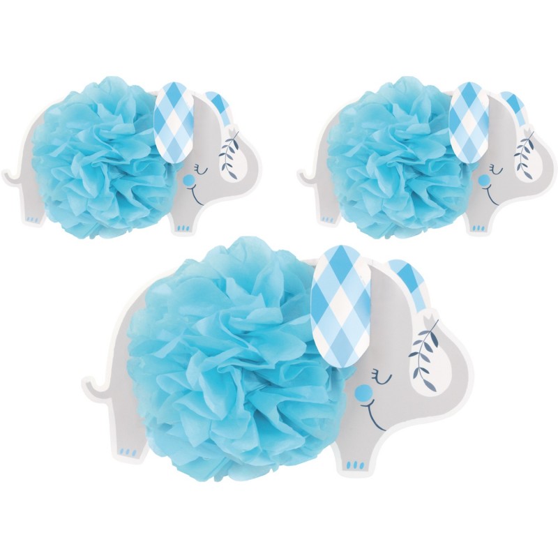 Blue Baby Elephant Pom Pom Decorations (Pack of 3) | Blue Baby Elephant Party Supplies