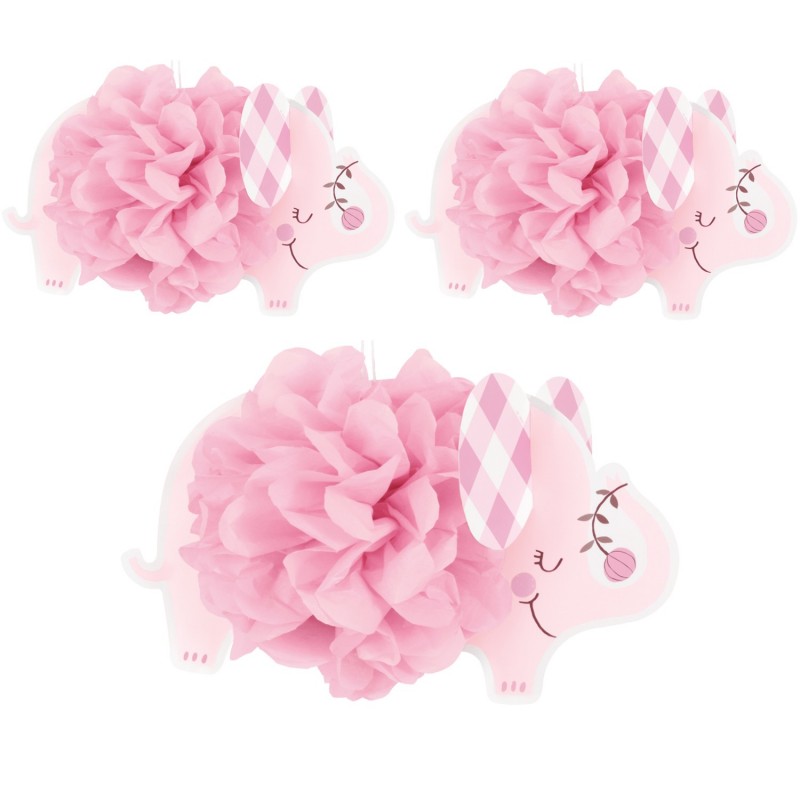 Pink Baby Elephant Pom Pom Decorations (Pack of 3) | Pink Baby Elephant Party Supplies
