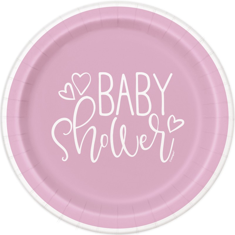 Pink Hearts Baby Shower Small Plates (Pack of 8) | Baby Girl Party Supplies