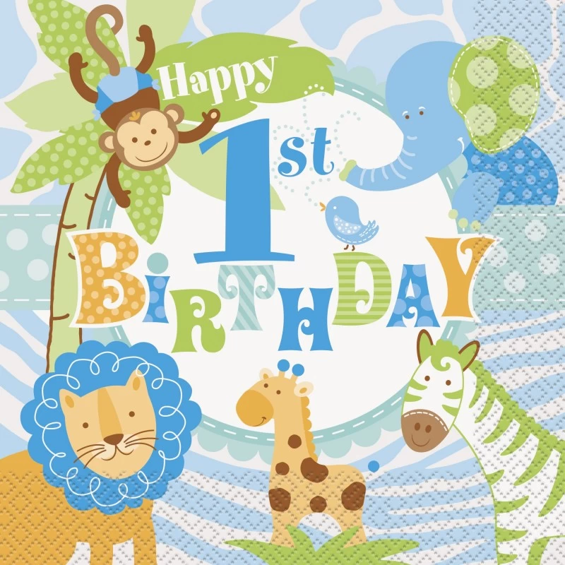 Blue Jungle Safari 1st Birthday Large Napkins (Pack of 20) | Boys Jungle 1st Birthday Party Supplies