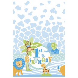 Blue Jungle Safari 1st Birthday Plastic Tablecover | Boys Jungle 1st Birthday Party Supplies