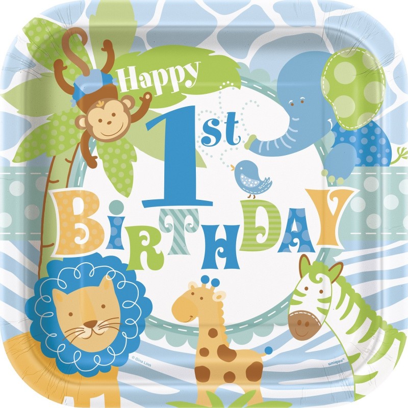 Blue Jungle Safari 1st Birthday Large Plates (Pack of 8) | Boys Jungle 1st Birthday Party Supplies