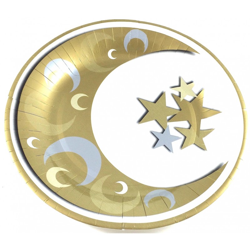 Crescent Moon & Stars Gold Large Paper Plate | Eid Decorations | Ramadan Decorations