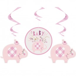 Pink Baby Elephant Swirl Decorations (Pack of 3)