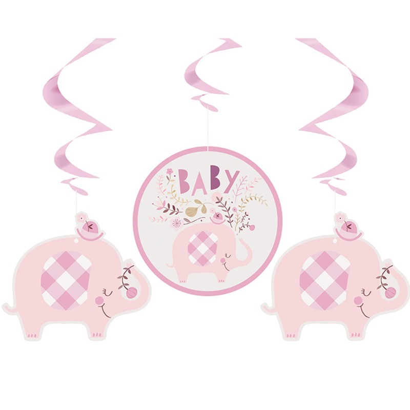 Pink Baby Elephant Swirl Decorations (Pack of 3)