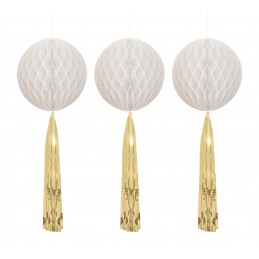 White Honeycomb Decorations with Gold Tassels (Pack of 3)