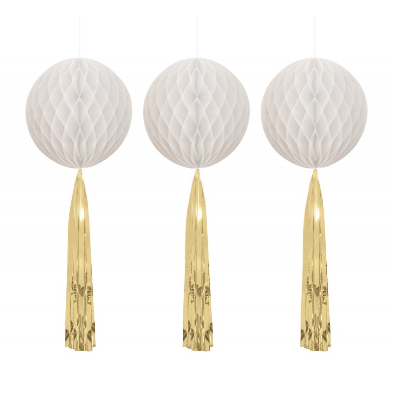 White Honeycomb Decorations with Gold Tassels (Pack of 3)