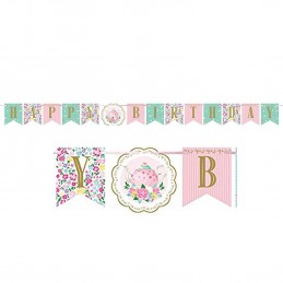 Floral Tea Party Happy Birthday Banner