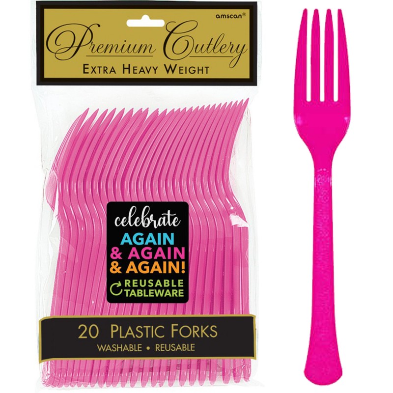 Reusable Bright Pink Plastic Forks (Pack of 20)