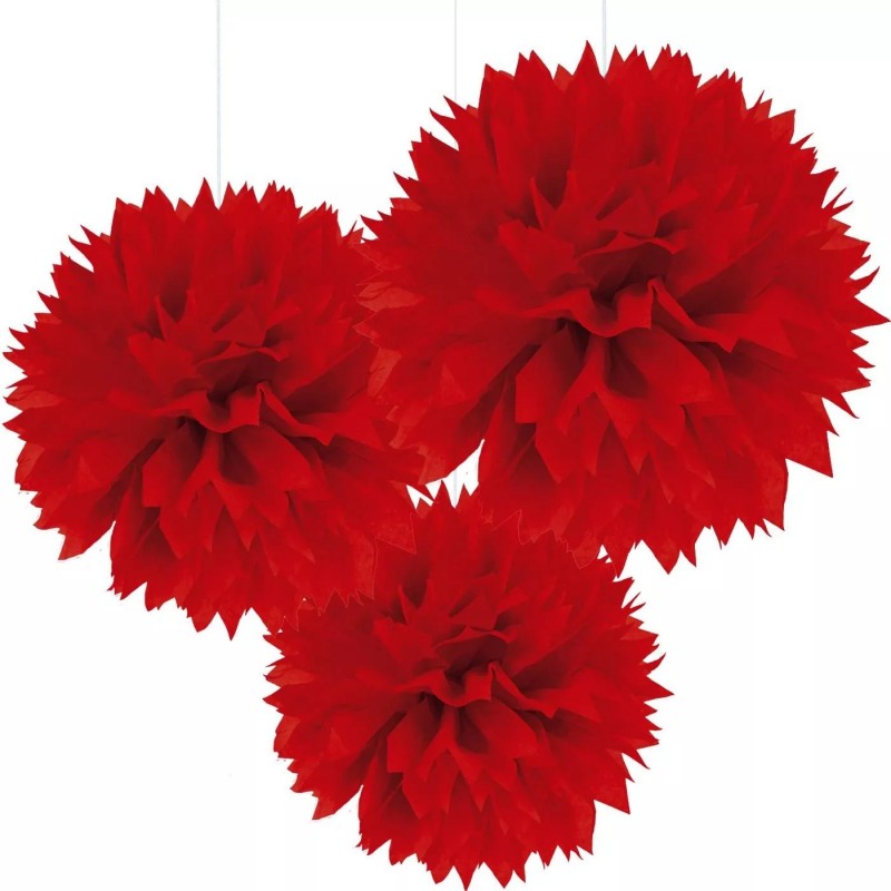 40cm Red Fluffy Tissue Decorations (Pack of 3)