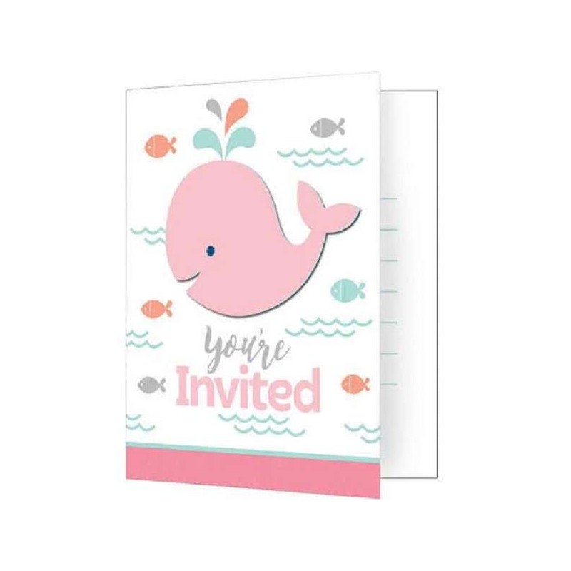 Pink Baby Whale Party Invitations (Pack of 8) | Pink Baby Whale