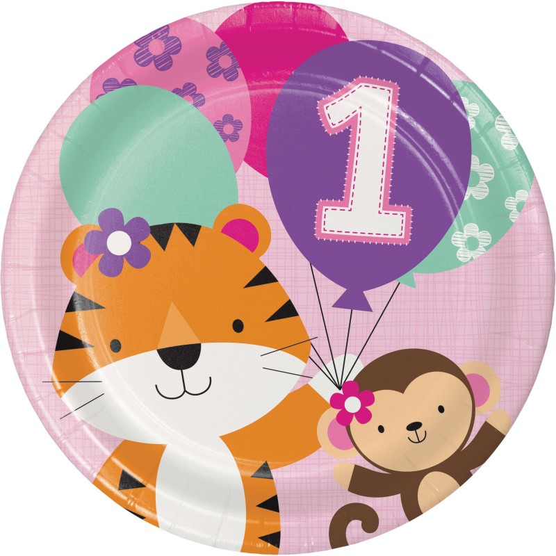 Girls Jungle 1st Birthday Large Plates (Pack of 8) | Girls Jungle 1st Birthday Party Supplies