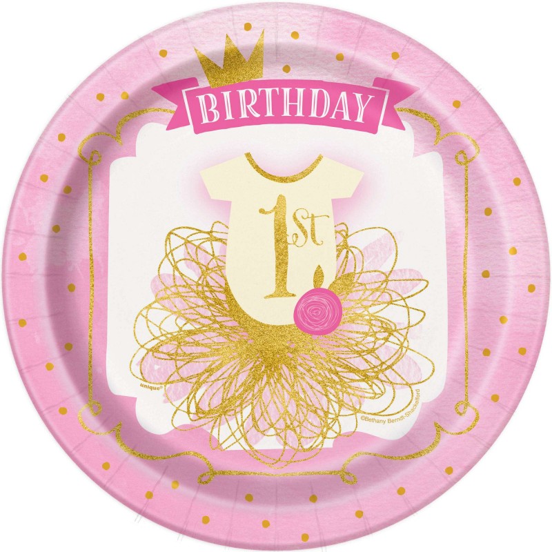 Pink & Gold First Birthday Large Plates (Pack of 8) | Pink & Gold First Birthday Party Supplies
