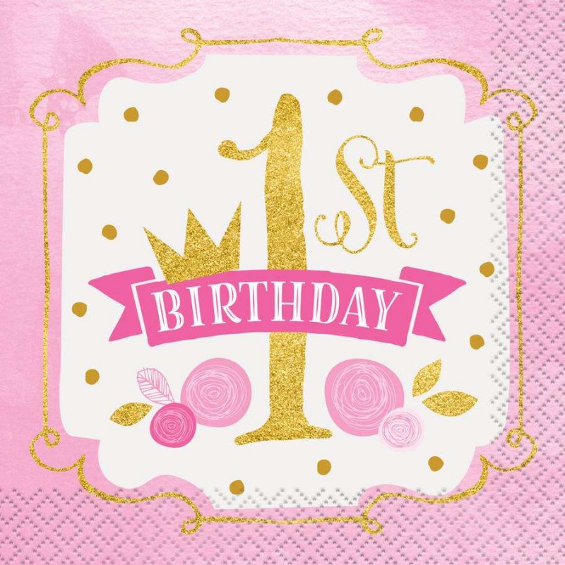 Pink & Gold First Birthday Small Napkins (Pack of 16) | Discontinued Party Supplies