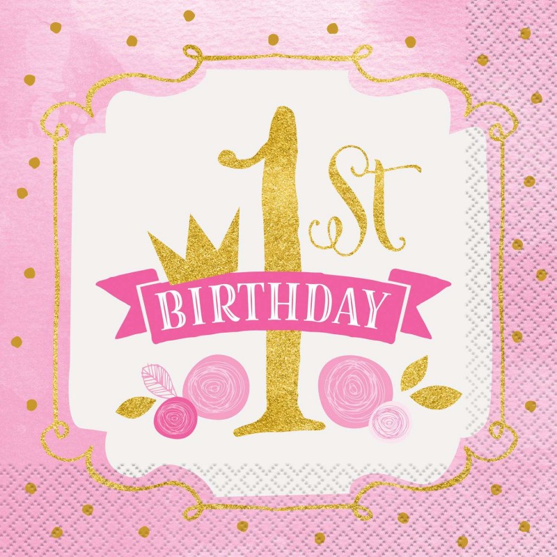 Pink & Gold First Birthday Large Napkins (Pack of 16) | Discontinued Party Supplies