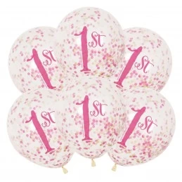 Pink & Gold First Birthday Confetti Balloons (Pack of 6) | Pink & Gold First Birthday Party Supplies