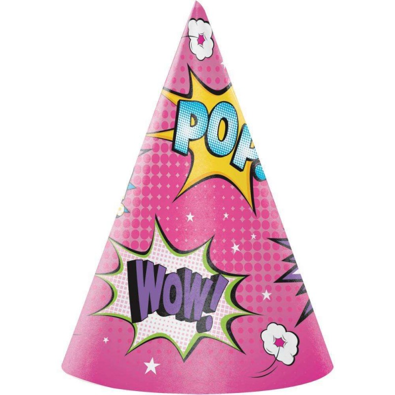 Superhero Girl Party Hats (Pack of 8) | Superhero Girl Party Supplies