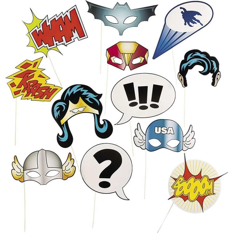 Superhero Photo Booth Props (Set of 12) | Discontinued Party Supplies