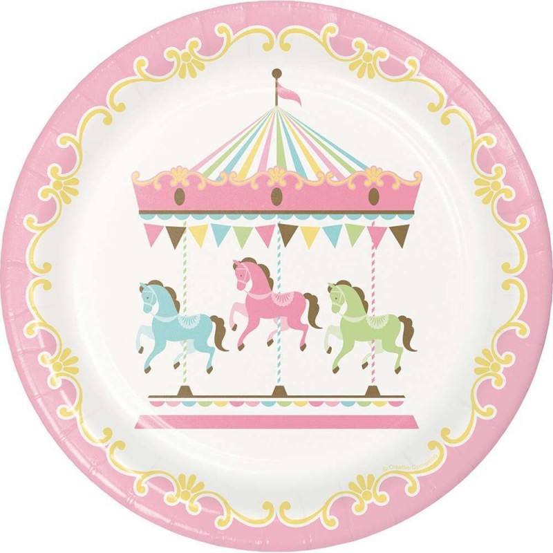 Pink Carousel Horses Large Plates (Pack of 8) | Pink Carousel Horses Party Supplies
