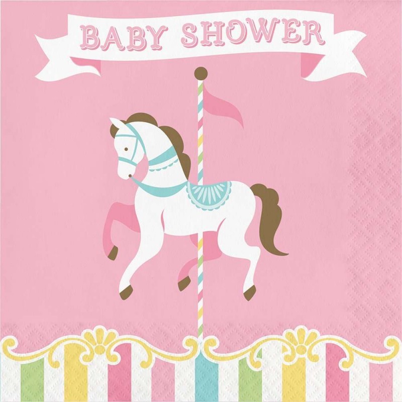 Pink Carousel Horses Baby Shower Large Napkins (Pack of 16) | Carousel Horses Party Supplies
