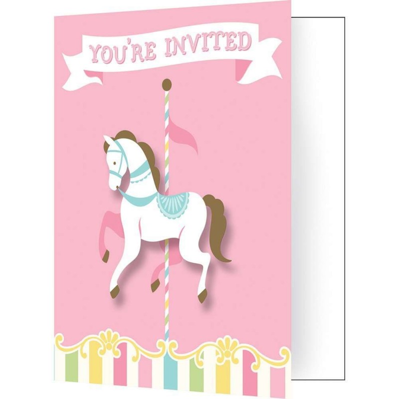 Pink Carousel Horses Party Invitations (Pack of 8) | Carousel Horses Party Supplies