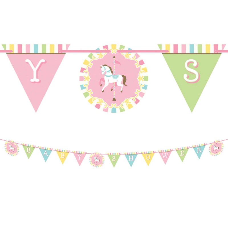 Pink Carousel Horses Baby Shower Ribbon Banner | Pink Carousel Horses Party Supplies