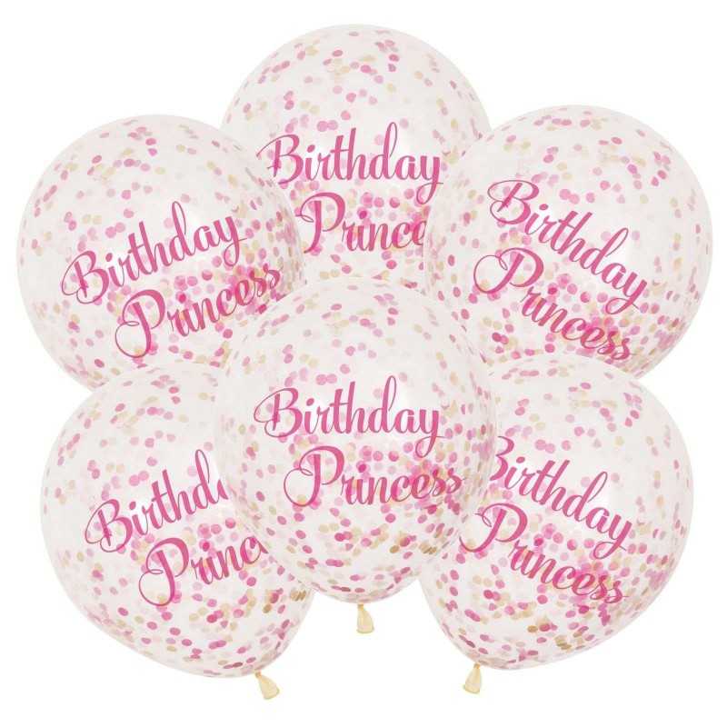 "Birthday Princess" Party Girls Pink Latex 6 x Confetti Balloons 