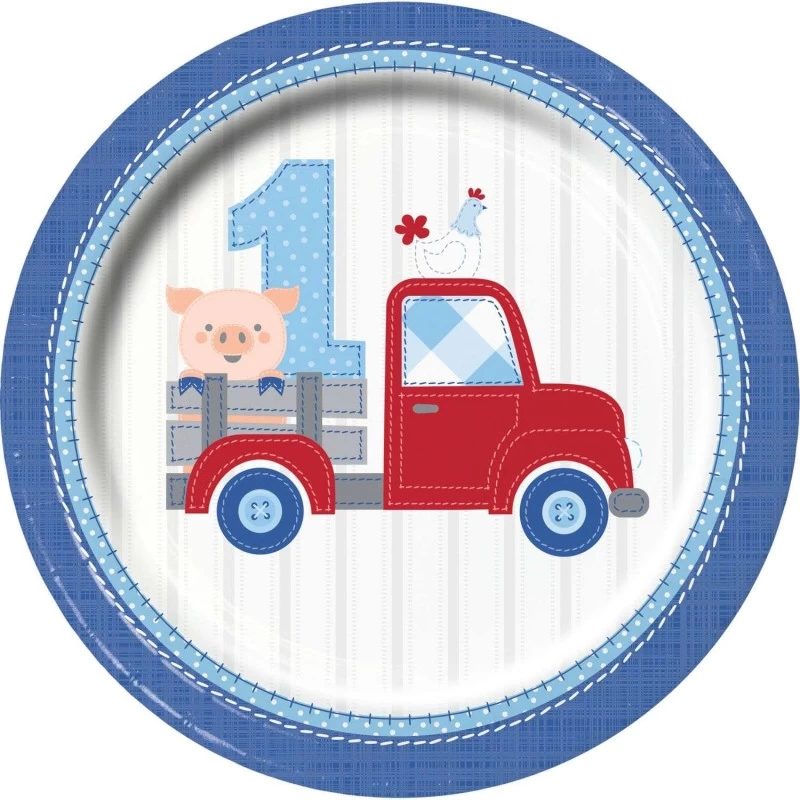 Blue Farmhouse 1st Birthday Large Plates (Pack of 8) | Blue Farm 1st Birthday Party Supplies