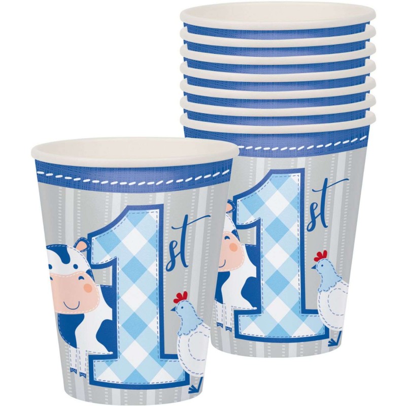 Blue Farmhouse 1st Birthday Paper Cups (Pack of 8) | Blue Farm 1st Birthday Party Supplies