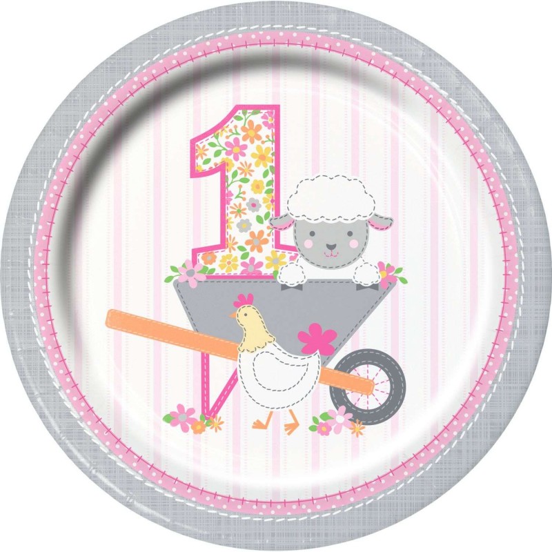 Pink Farmhouse 1st Birthday Large Plates (Pack of 8) | Pink Farmhouse 1st Birthday Party Supplies