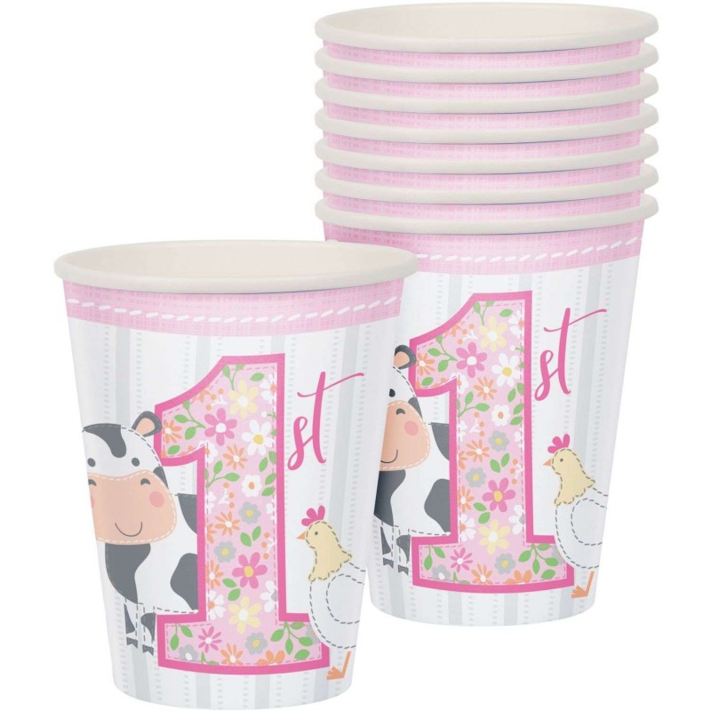 Farm 1st Birthday Girl Paper Cups (Pack of 8) | Pink Farmhouse 1st Birthday Party Supplies