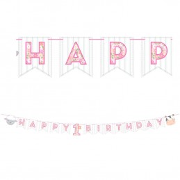 Farm 1st Birthday Girl Happy Birthday Banner | Pink Farmhouse 1st Birthday Party Supplies