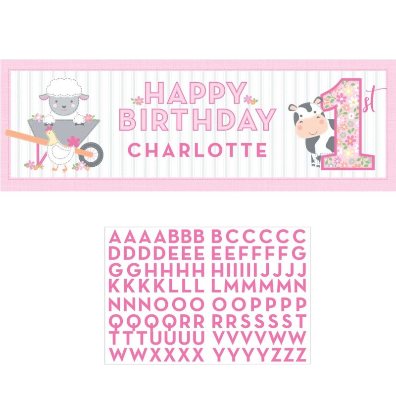 Farm 1st Birthday Girl Giant Personalised Banner | Pink Farmhouse 1st Birthday Party Supplies
