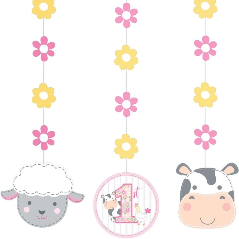 Farm 1st Birthday Girl Hanging Swirls (Set of 3) | Pink Farmhouse 1st Birthday Party Supplies