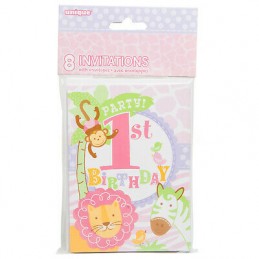Girls Safari 1st Birthday Party Invitations (Pack of 8) | Girls Jungle 1st Birthday Party Supplies